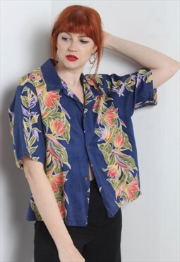 Vintage 80's Crazy Patterned Blouse Shirt Blue