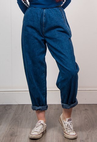 VINTAGE 90'S DARK BLUE DENIM HIGH WAIST MOM JEANS