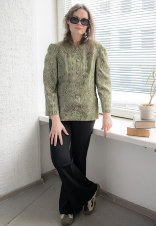 Vintage 70's Green Paisley Print Glitter Thread Jacket