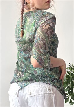 Vintage Y2K 00's Green Paisley Print Sheer Fairy Blouse