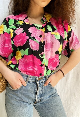 VINTAGE 80S HAUTE BOHEME ROSE FLORAL PRINT BLOUSE TOP BOHO