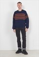VINTAGE NAVY BROWN ROUND NECK KNIT JUMPER WITH WOOL