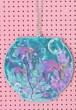 Fish Bowl Teal Large Acrylic Silver Necklace
