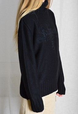 Y2K Black Graphic Grunge Wool Blend Turtle Neck Sweater