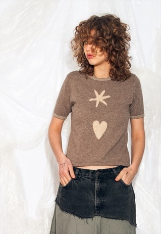 VINTAGE Y2K REWORKED KNITTED TEE IN BROWN SOFT WOOL