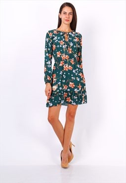 Green Floral Print Tie Neck Shift Dress