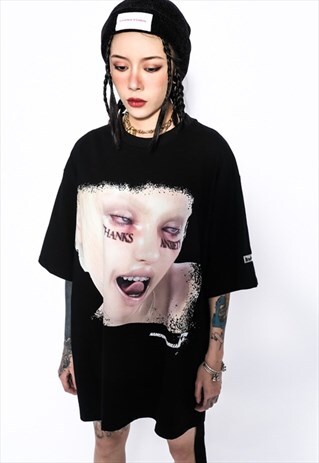 GIRL GRAFFITI TEE RUDE SLOGAN GRUNGE T-SHIRT Y2K TOP BLACK