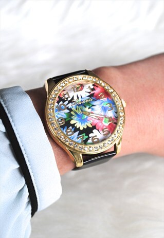 TROPICAL FLOWER BLACK OVERSIZED DIAMANTE WATCH