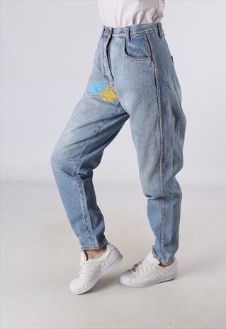 VINTAGE HIGH WAISTED DENIM JEANS WIDE TAPERED UK 10 (FA5A)