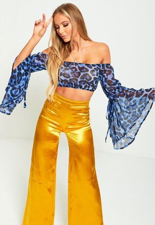 SHEER BLUE LEOPARD PRINT BARDOT CROP TOP