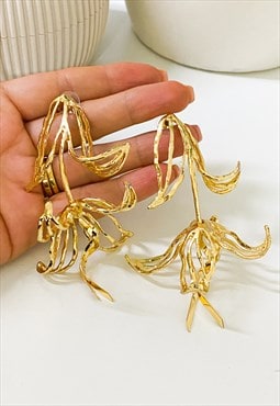 Gold Plated Sculptural Lily Drop Earrings 