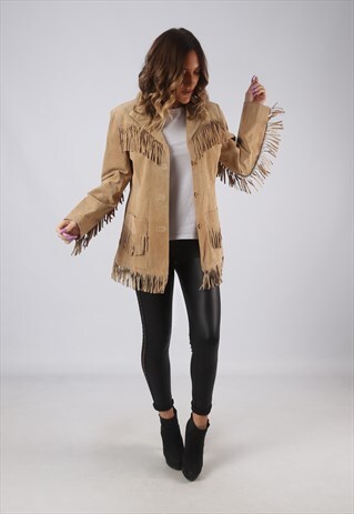 SUEDE LEATHER FRINGE TASSEL JACKET VINTAGE UK 10 (CWCO)