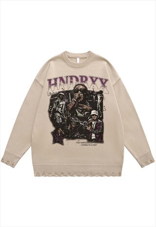 FUTURE SWEATER KNIT DISTRESSED JUMPER RAPPER PRINT TOP BEIGE