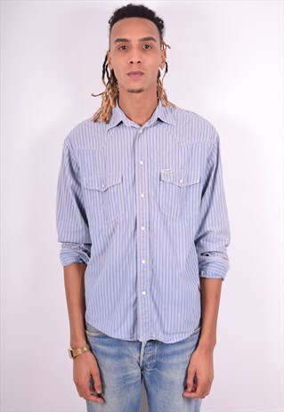 WRANGLER MENS VINTAGE SHIRT MEDIUM BLUE STRIPES 90'S