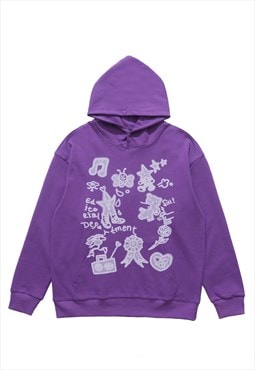 Psychedelic hoodie scribble print pullover grunge top purple