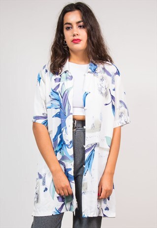 90'S VINTAGE BLUE LILY FLOWER PATTERN SHORT SLEEVE SHIRT