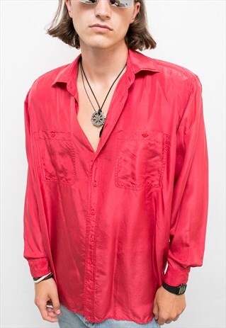 RED SILK MEN'S LONG SLEEVED SHIRT WITH SHOULDER PADS