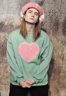 fleece heart sweatshirt love print stitched top pastel green