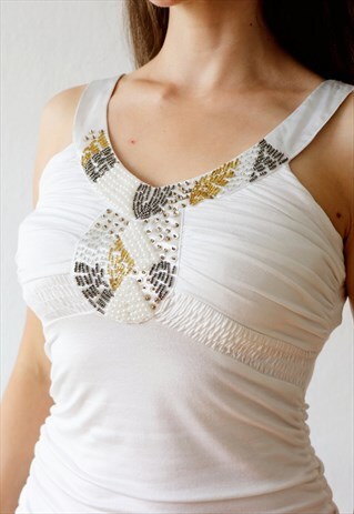 RUCHED Y2K TOP WHITE VINTAGE CAMI TOP BEADED BOHO TOP