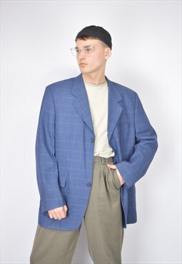 Vintage blue checkered classic 80's wool suit blazer