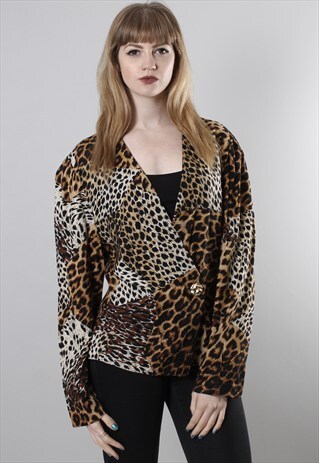 VINTAGE 80S LEOPARD PRINT PATTERNED WRAP BLOUSE TOP