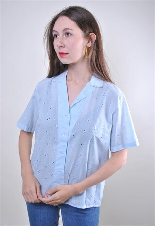 VINTAGE WOMAN MINIMALIST BLUE COTTON SHORT SLEEVE BLOUSE