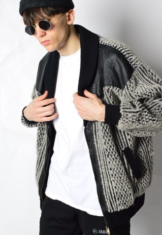 VINTAGE 80S GREY TEXTURED KNIT LEATHER DETAIL JACKET