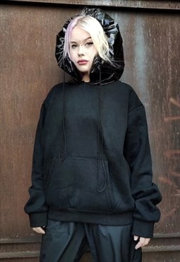 Technical padded hoodie velvet look rave hooded jumper black