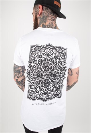 ROSE MANDALA WHITE LONG LINE T-SHIRT