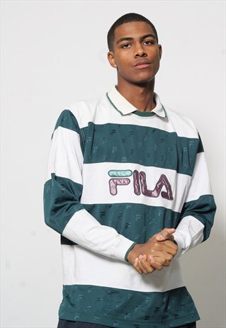 VINTAGE FILA STRIPED BIG LOGO RUGBY SHIRT GREEN