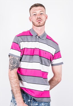 Vintage 1990s Pink and Grey Tommy Hilfiger Polo Shirt