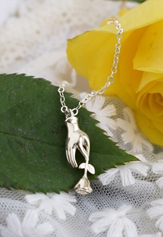 SILVER DELICATE NECKLACE WITH HAND HOLDING A ROSE HANDMADE