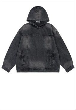 Hooded denim jacket grunge bleached jean jacket in black