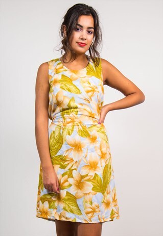 VINTAGE 90'S FLORAL PATTERN TIE MINI HAWAIIAN DRESS