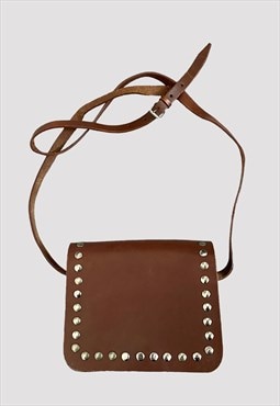 70's Vintage Ladies Brown Leather Mini Bag Silver Studs