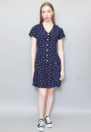 VINTAGE 1990'S NAVY FLORAL PRINT BUTTON FRONT DRESS
