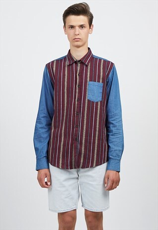 VINTAGE BLUE BURGUNDY LONG SLEEVE DENIM SHIRT