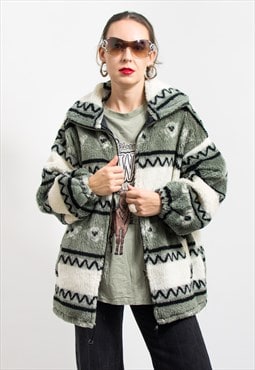 Vintage fleece jacket warm zip up boho women