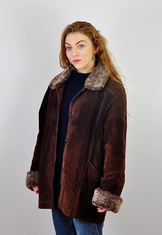 VINTAGE '90S FAUX FUR TRIMMED BROWN SUEDE JACKET