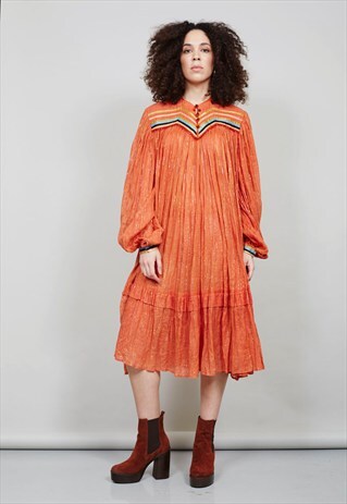 VINTAGE 1970'S ORANGE INDIAN COTTON MIDI DRESS