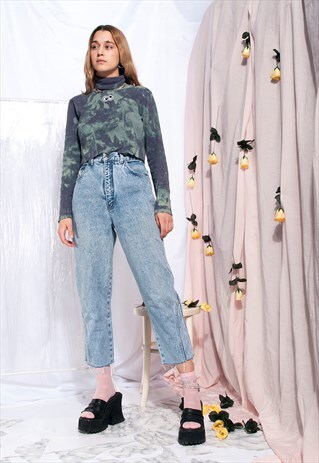 VINTAGE CROPPED JEANS 80S ACID WASHED TAPERED DENIM TROUSERS