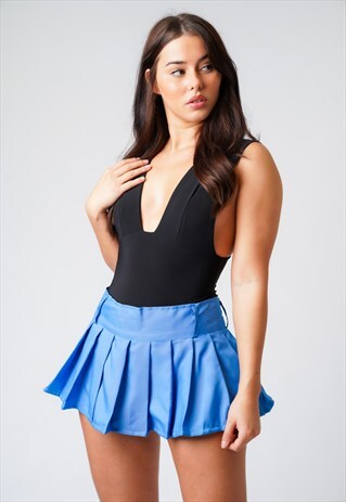 BLUE PLEATED SCHOOL GIRL MINI SKIRT