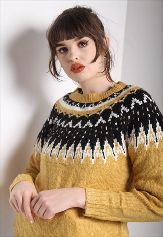 VINTAGE ABSTRACT CRAZY JAZZY PATTERNED JUMPER YELLOW