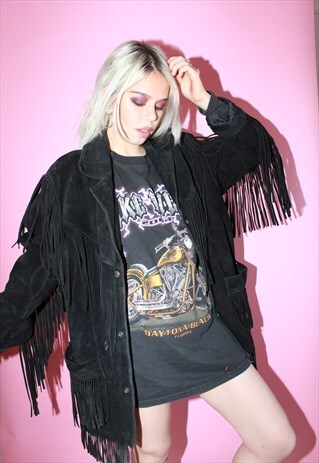 VINTAGE 70S BLACK SUEDE FRINGED TASSEL COWBOY BIKER JACKET