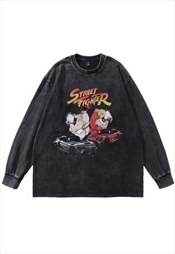 Street fighter t-shirt vintage wash long tee anime top grey