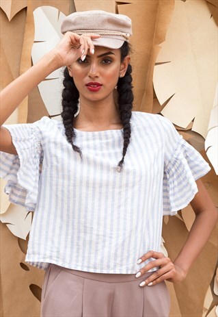 PALOMA - LINEN STRIPE CROP TOP WITH RUFFLE SLEEVES