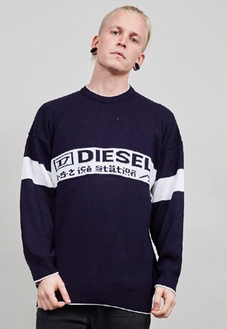 VINTAGE 90'S DIESEL NAVY CREW NECK KNIT JUMPER
