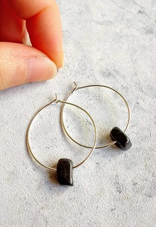 MINI HEMATITE GEM STONE HOOP EARRINGS