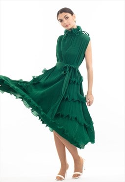 Pleated Midi dress with frilled layer and scallopd neckline 