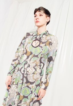 Vintage Dress 70s Psychedelic Reworked Cut-out Long Sleeve